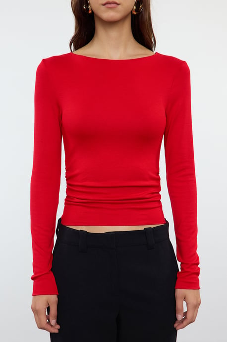 TRENDYOLMİLLA Damen Rot Einfarbig Lang Tailliert Blusen - Image 2