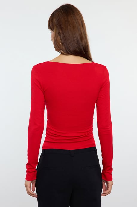 TRENDYOLMİLLA Damen Rot Einfarbig Lang Tailliert Blusen - Image 4