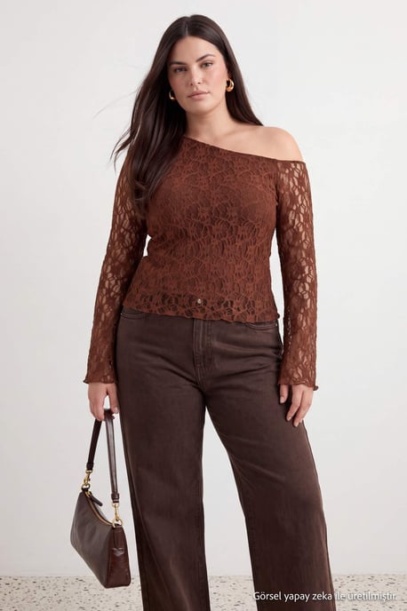 Trendyol Curve Damen Braun Einfarbig Lang Tailliert Große Größen Blusen - Image 6