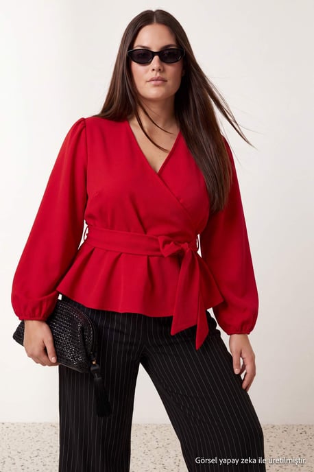 Trendyol Curve Damen Rot Einfarbig Lang, Tailliert Große Größen Blusen - Image 1