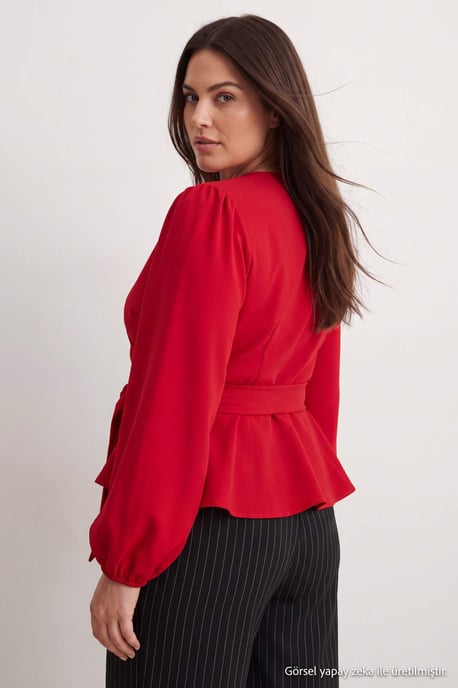 Trendyol Curve Damen Rot Einfarbig Lang, Tailliert Große Größen Blusen - Image 2
