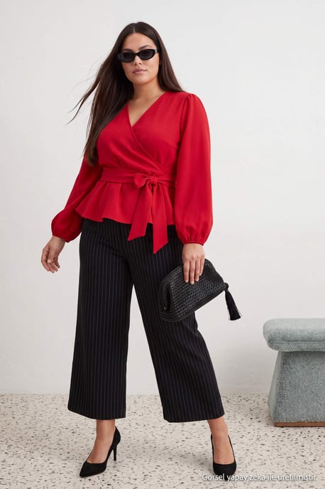 Trendyol Curve Damen Rot Einfarbig Lang, Tailliert Große Größen Blusen - Image 6