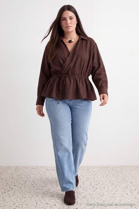 Trendyol Curve Damen Braun Einfarbig Lang, Oversize Große Größen Blusen - Image 2