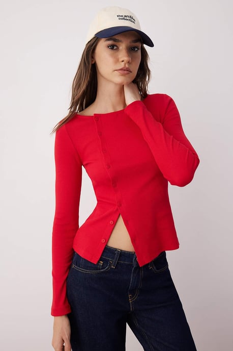 TRENDYOLMİLLA Damen Rot Einfarbig Lang Tailliert Blusen - Image 4