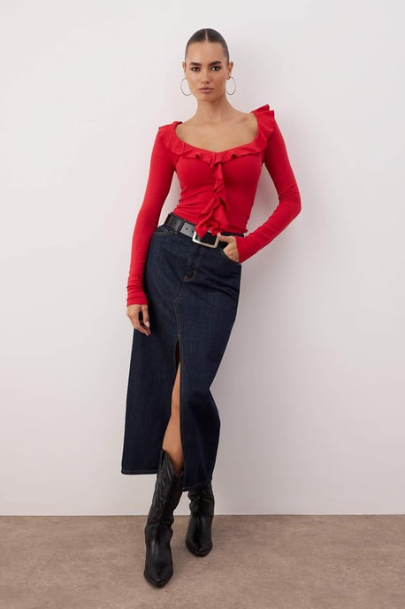 TRENDYOLMİLLA Damen Rot Einfarbig Lang Tailliert Blusen - Image 6