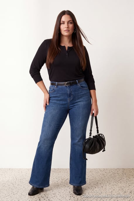 Trendyol Curve Damen Schwarz Einfarbig Lang, Tailliert Große Größen Blusen - Image 6