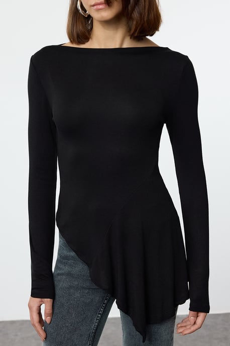 TRENDYOLMİLLA Damen Schwarz Einfarbig Lang Tailliert Blusen - Image 2