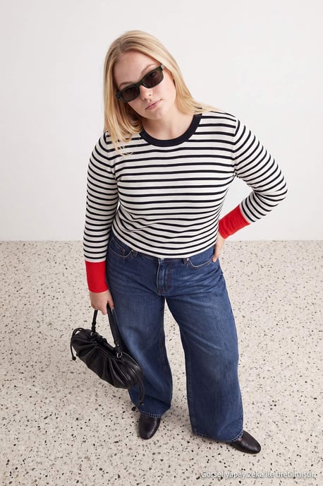 Trendyol Curve Damenbluse mit Streifen, lange Regular Fit für große Größen - Schwarz - Image 1