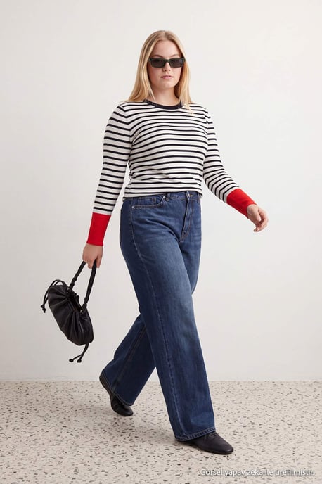 Trendyol Curve Damenbluse mit Streifen, lange Regular Fit für große Größen - Schwarz - Image 2