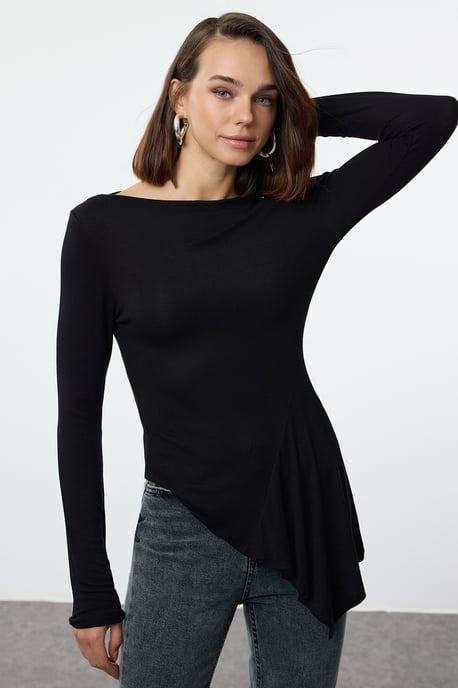 TRENDYOLMİLLA Damen Schwarz Einfarbig Lang Tailliert Blusen - Image 5