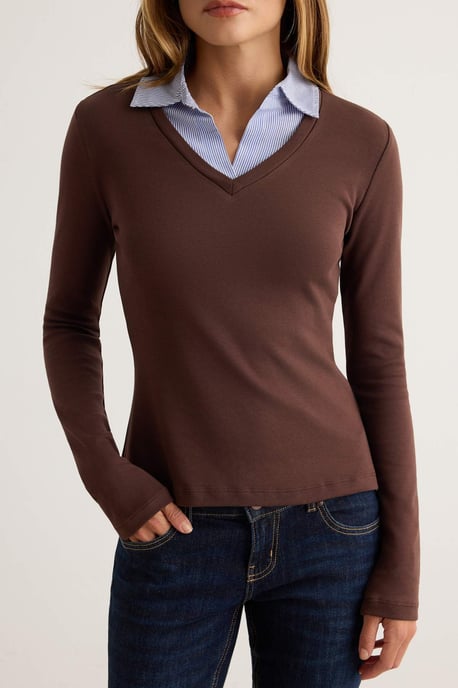 TRENDYOLMİLLA Damen Braun Colour-Block Lang Tailliert Blusen - Image 2