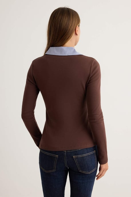 TRENDYOLMİLLA Damen Braun Colour-Block Lang Tailliert Blusen - Image 3