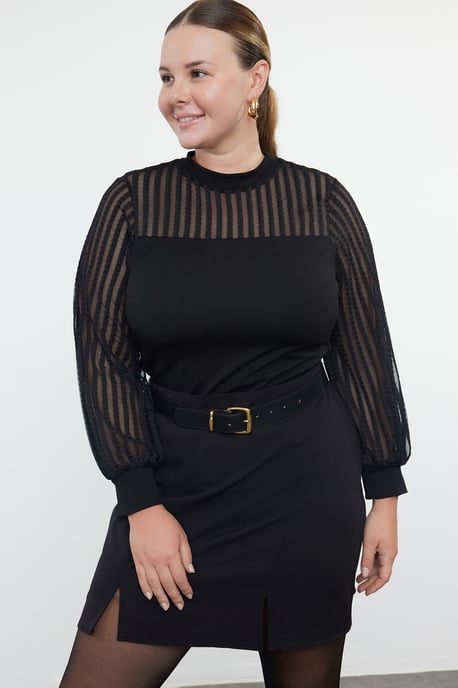 Trendyol Curve Damen Schwarz Einfarbig Lang Tailliert Große Größen Blusen - Image 2