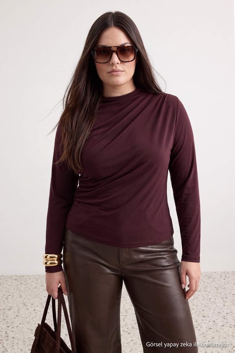 Trendyol Curve Damen Braun Einfarbig Lang Tailliert Große Größen Blusen - Image 2