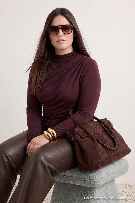Trendyol Curve Damen Braun Einfarbig Lang Tailliert Große Größen Blusen - Image 3