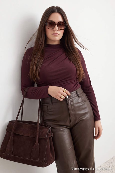 Trendyol Curve Damen Braun Einfarbig Lang Tailliert Große Größen Blusen - Image 6