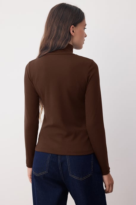 TRENDYOLMİLLA Damen Braun Einfarbig Lang Tailliert Blusen - Image 3