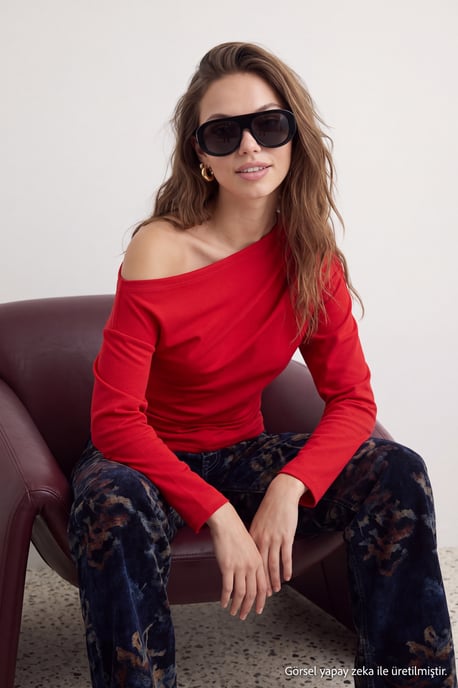 TRENDYOLMİLLA Damen Rot Einfarbig Lang Tailliert Blusen - Image 1