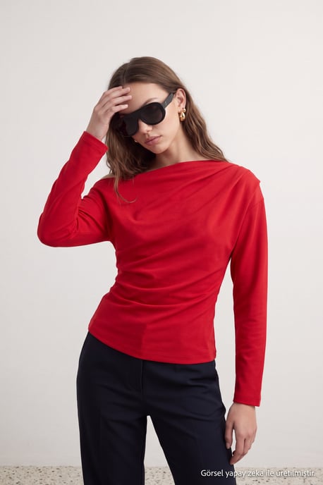 TRENDYOLMİLLA Damen Rot Einfarbig Lang Tailliert Blusen - Image 2