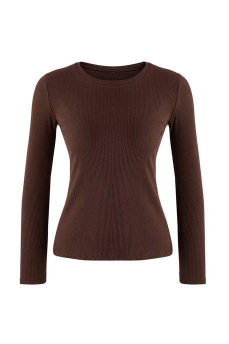 TRENDYOLMİLLA Damen Braun Einfarbig Lang Regular Fit Blusen - Image 4