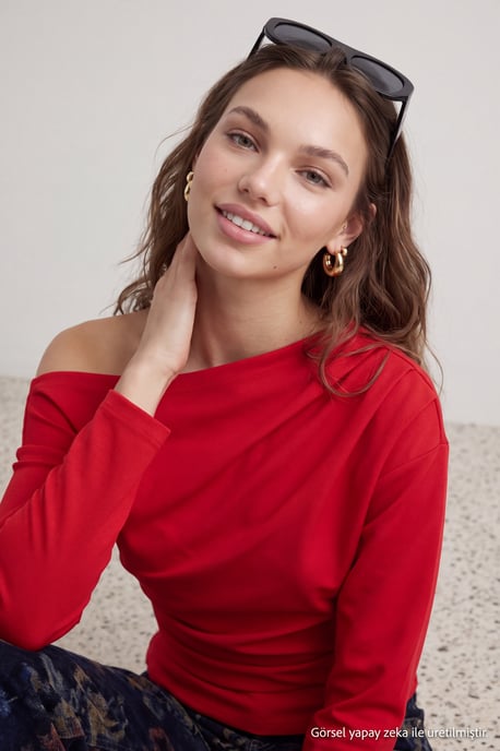 TRENDYOLMİLLA Damen Rot Einfarbig Lang Tailliert Blusen - Image 3