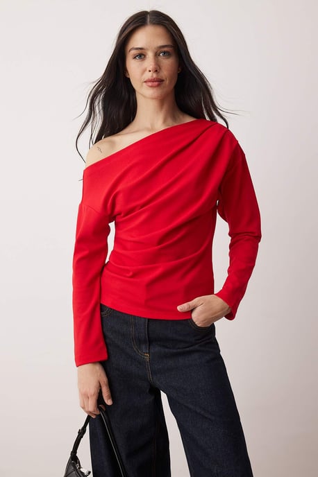 TRENDYOLMİLLA Damen Rot Einfarbig Lang Tailliert Blusen - Image 5
