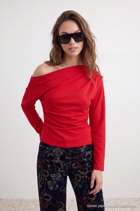TRENDYOLMİLLA Damen Rot Einfarbig Lang Tailliert Blusen - Image 6