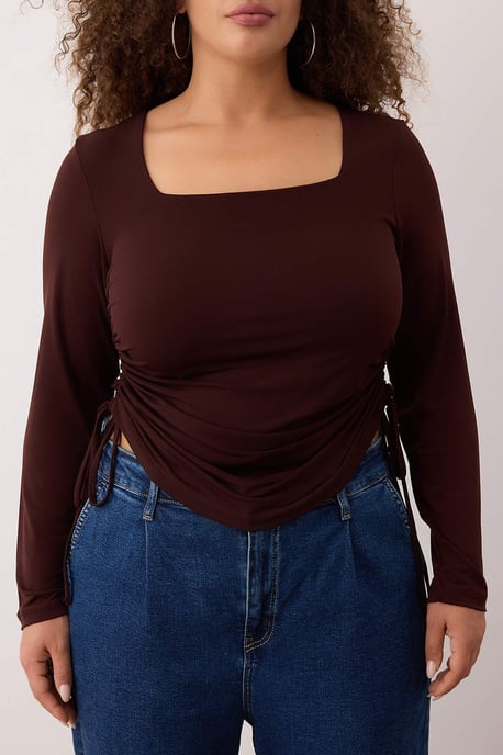 Trendyol Curve Damen Braun Einfarbig Lang Tailliert Große Größen Blusen - Image 2