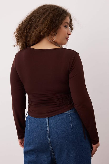 Trendyol Curve Damen Braun Einfarbig Lang Tailliert Große Größen Blusen - Image 3