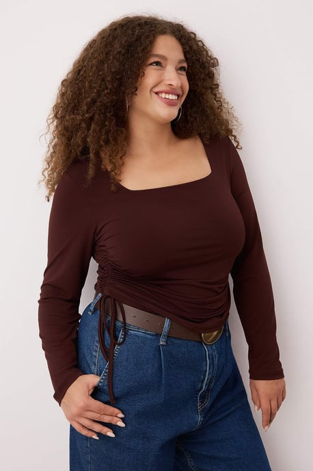 Trendyol Curve Damen Braun Einfarbig Lang Tailliert Große Größen Blusen - Image 6