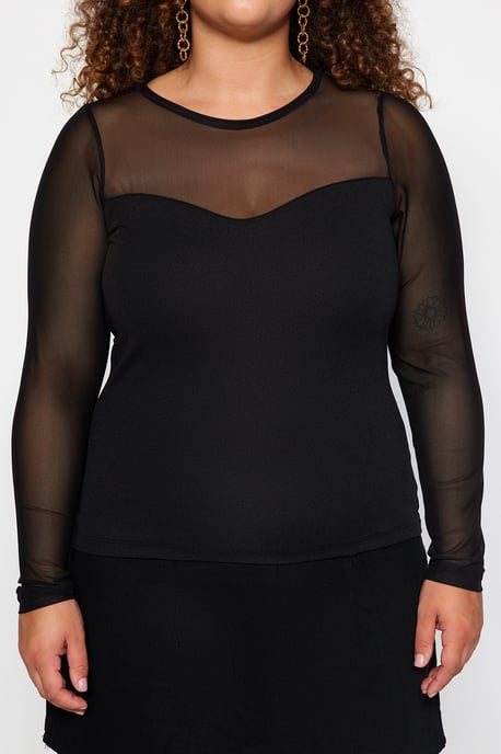 Trendyol Curve Damen Schwarz Einfarbig Lang Tailliert Große Größen Blusen - Image 2