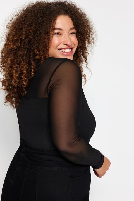 Trendyol Curve Damen Schwarz Einfarbig Lang Tailliert Große Größen Blusen - Image 6