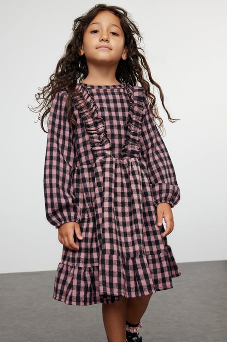 TRENDYOLKIDS Mädchen Rosa Kariert Kurz / Mini Lang Casual Gerade Kleider - Image 1