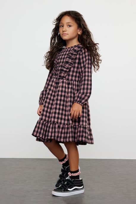TRENDYOLKIDS Mädchen Rosa Kariert Kurz / Mini Lang Casual Gerade Kleider - Image 5