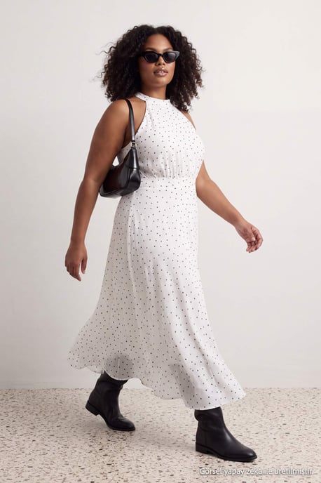 Trendyol Curve Damen Weiß Gepunktet Maxi Ärmellos A-Linie Große Größen Kleid - Image 2