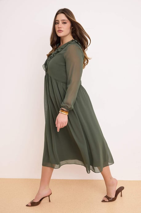 Trendyol Curve Damen Khaki Einfarbig Maxi Lang Party A-Linie Große Größen Kleid - Image 6