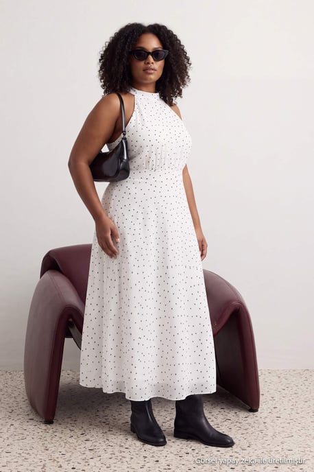 Trendyol Curve Damen Weiß Gepunktet Maxi Ärmellos A-Linie Große Größen Kleid - Image 6