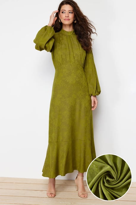 Trendyol Modest Damen Khaki Geblümt Maxi Lang Casual Skater Modest Kleider - Image 1