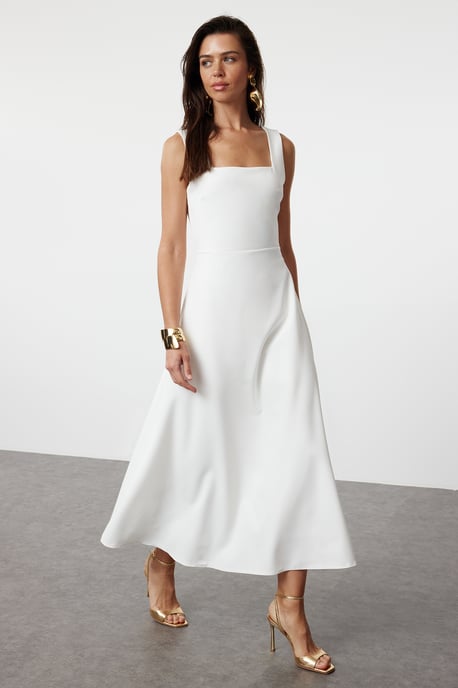 TRENDYOLMİLLA Damen Weiß Einfarbig Maxi Ärmellos Ball Skater Kleider - Image 2