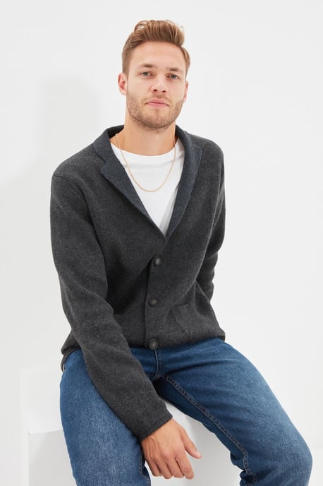 TRENDYOL MAN Herren Grau Einfarbig Lang Regular Fit Cardigans - Image 4