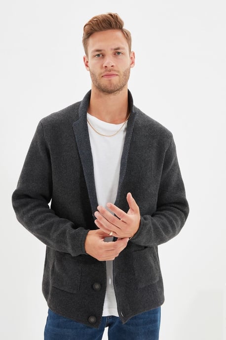 TRENDYOL MAN Herren Grau Einfarbig Lang Regular Fit Cardigans - Image 5