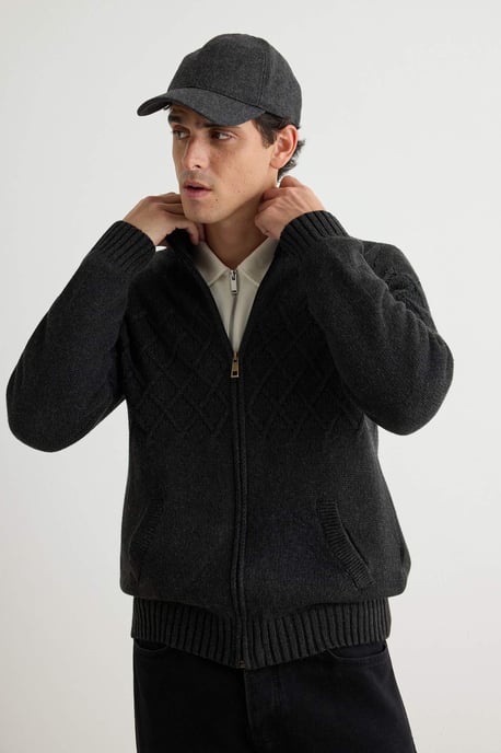 TRENDYOL MAN Herren Grau Rautenmuster Lang Regular Fit Cardigans - Image 2