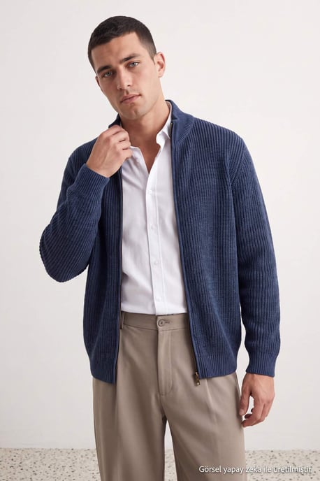 TRENDYOL MAN Herren Blau Einfarbig Lang Regular Fit Cardigans - Image 6
