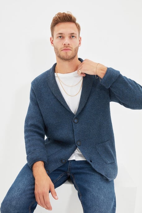 TRENDYOL MAN Herren Dunkelblau Einfarbig Lang Regular Fit Cardigans - Image 4