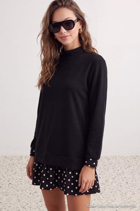 TRENDYOLMİLLA Damen Schwarz Gepunktet Kurz / Mini Lang Casual Gerade Kleider - Image 2