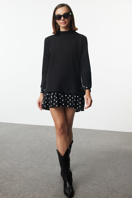 TRENDYOLMİLLA Damen Schwarz Gepunktet Kurz / Mini Lang Casual Gerade Kleider - Image 4