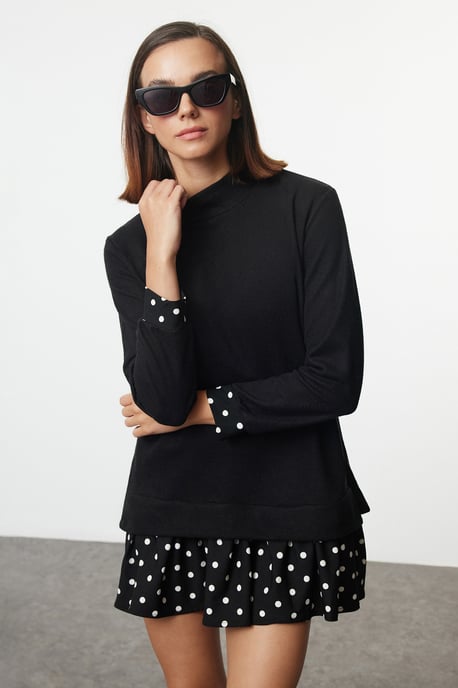 TRENDYOLMİLLA Damen Schwarz Gepunktet Kurz / Mini Lang Casual Gerade Kleider - Image 5