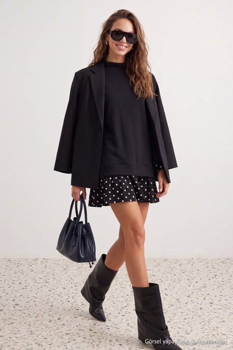 TRENDYOLMİLLA Damen Schwarz Gepunktet Kurz / Mini Lang Casual Gerade Kleider - Image 6