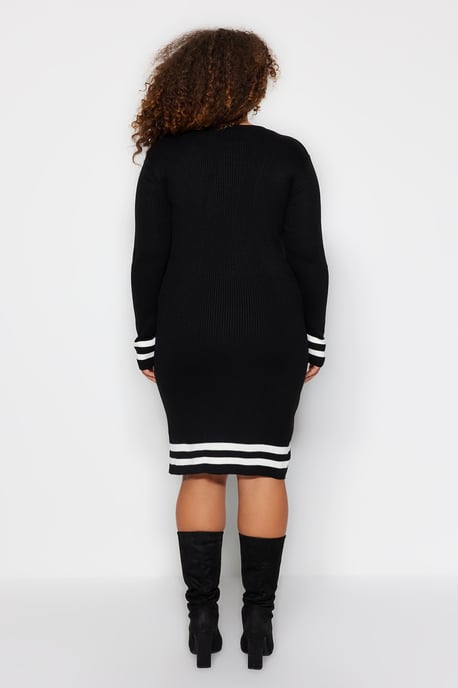 Trendyol Curve Damen Schwarz Gestreift Kurz / Mini Lang Casual Bodycon Große Größen Kleid - Image 4