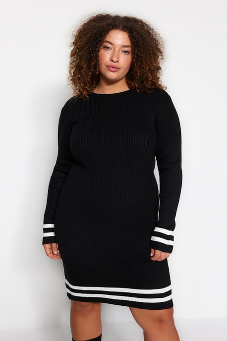 Trendyol Curve Damen Schwarz Gestreift Kurz / Mini Lang Casual Bodycon Große Größen Kleid - Image 6